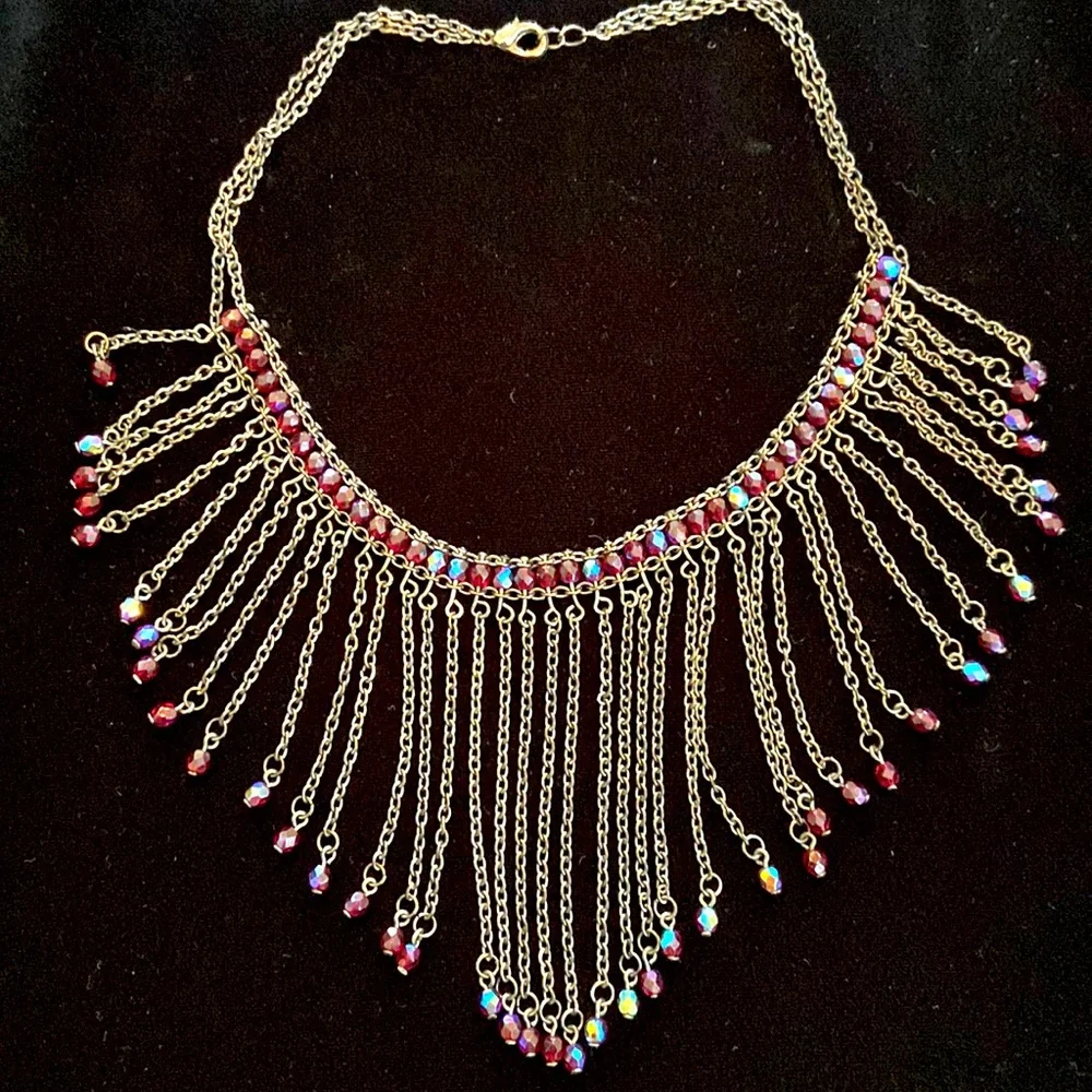 Vintage Iridescent red crystal gun metal chain fringed necklace